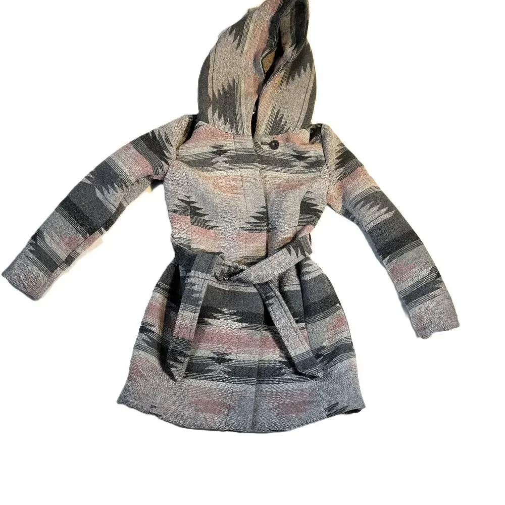 Coffee Shop Kids Mid Length Coat Girl XL Belted DEEEP Hood Poly Wool Blend Aztec
